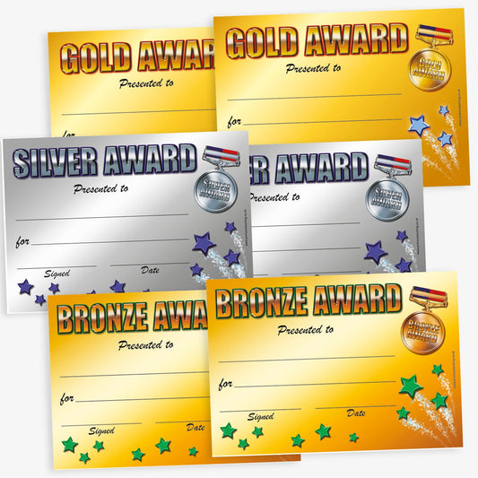 A collection of 120 A5-sized certificates in gold, silver, and bronze colours. The certificates display the titles "Gold Award," "Silver Award," and "Bronze Award," with designated spaces for the recipient's name, reason for the award, date, and signature
