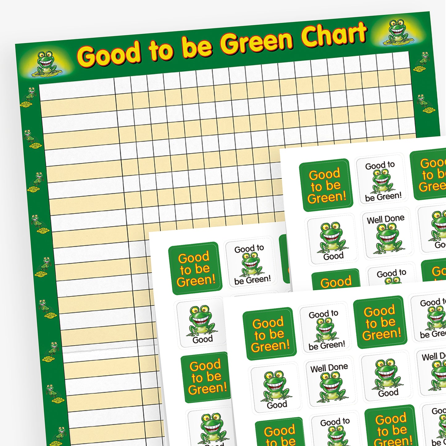 A green bordered collector chart with saces for names and squares to collect the relevant square stickers. Also 2 sheets of square stickers shown alternating a green background with the text 'Good to be Green!' in yellow lettering, and a white background with a cheerful green frog illustration with wide eyes and a big smile, sitting on a lily pad and phrases such as 'Well Done' and 'Good' above or below the frog.