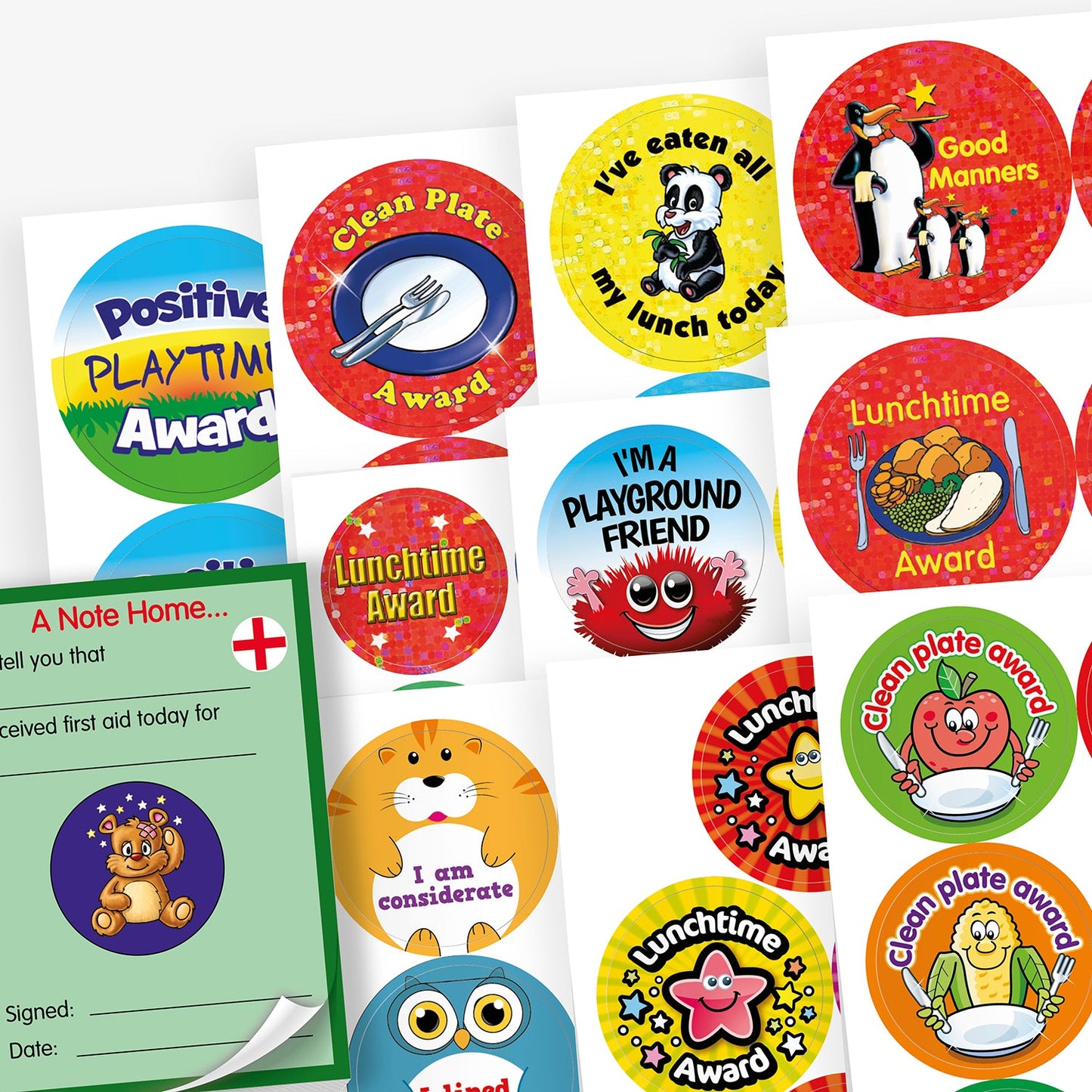 23 sheets of various colourful stickers including phrases such as 'Postive Playtime Award', 'Clean Plate Award', 'Lunchtime Award' and 'I've eaten all my lunch today' along with a a first aid Praisepad.