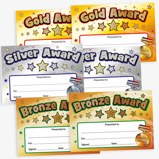 A collection of 120 A5-sized certificates in gold, silver, and bronze colours, each featuring a holographic finish. The certificates display the titles "Gold Award," "Silver Award," and "Bronze Award," with designated spaces for the recipient's name, reason for the award, date, and signature