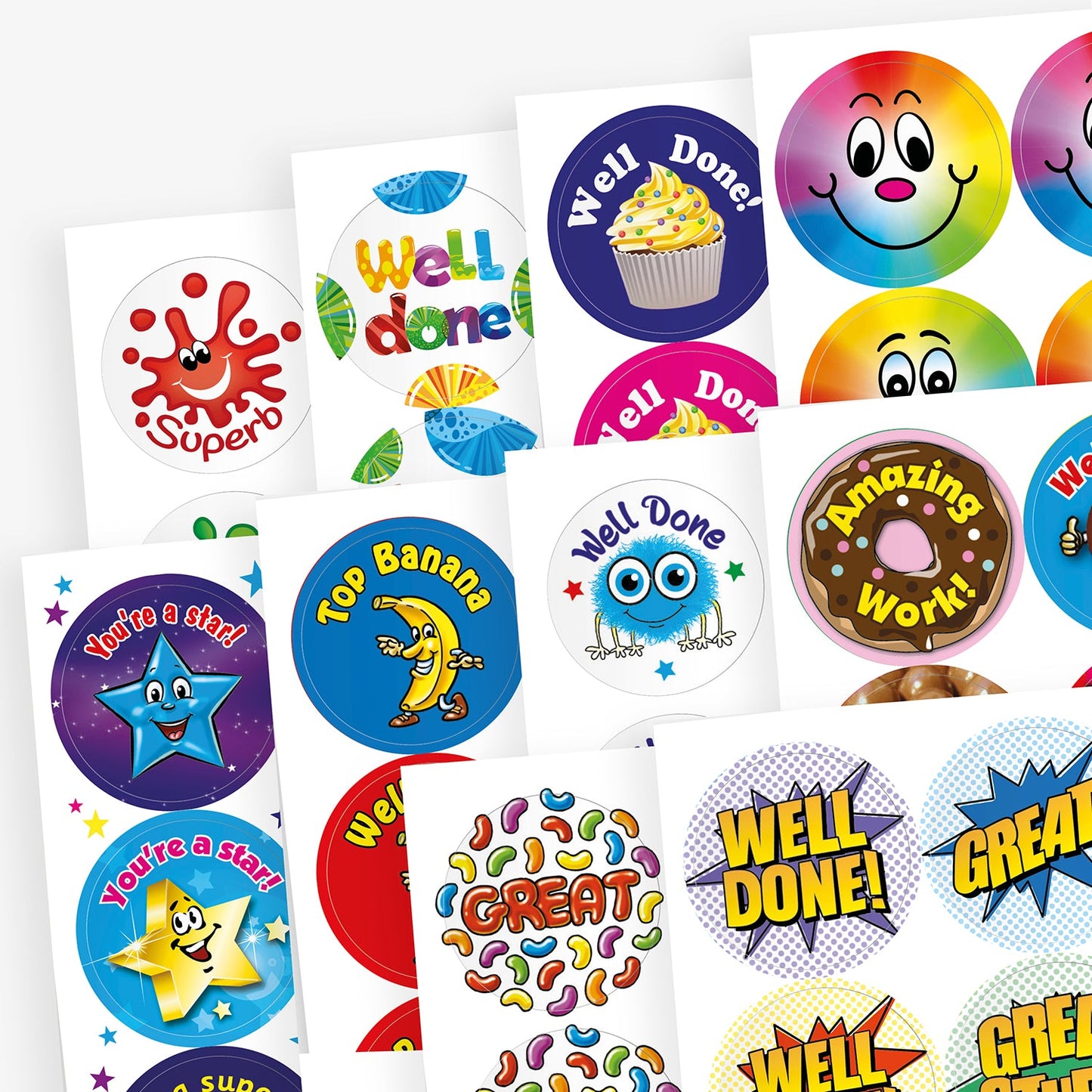 A collection of 32mm circular stickers in various vibrant designs, including smiling faces, stars, cupcakes, and comic-style text, each emitting different scents such as berry, chocolate, vanilla, and bubblegum when rubbed.