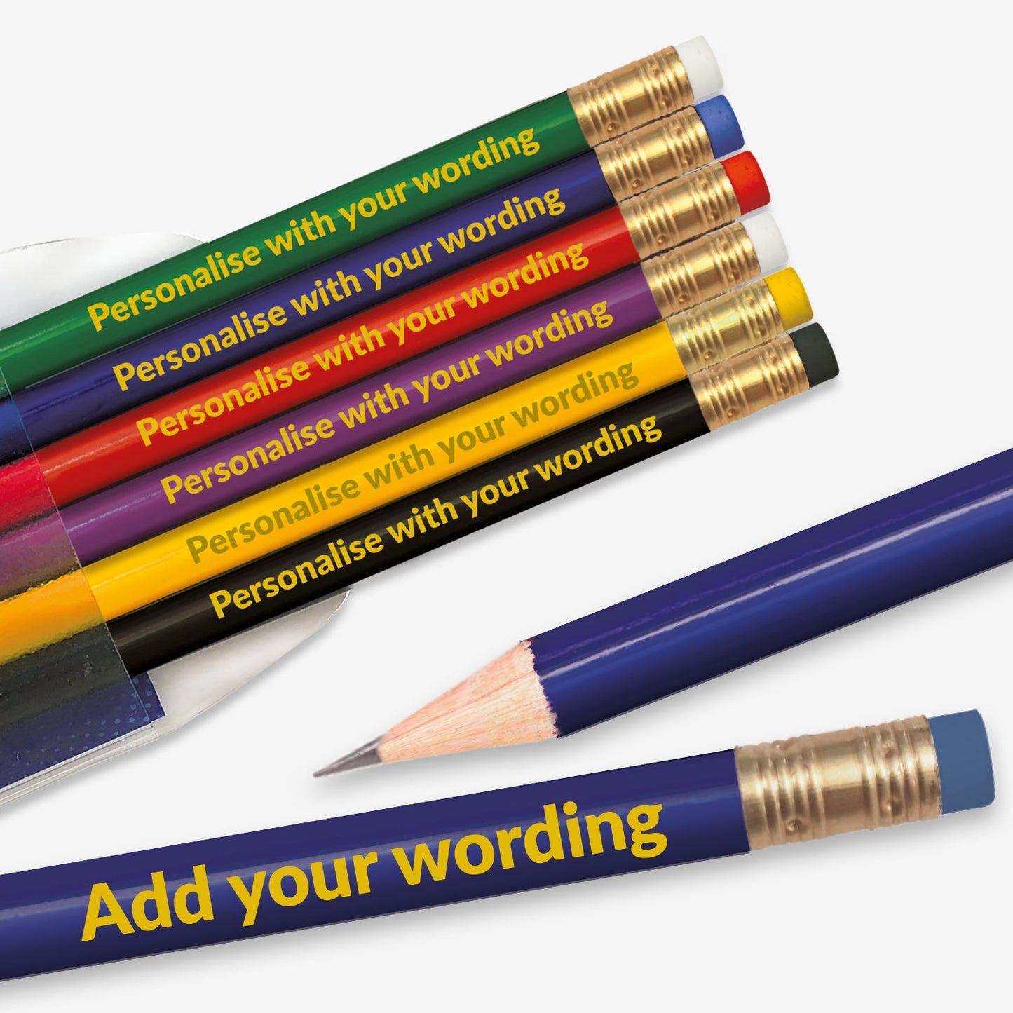 Personalised set of 6 HB pencils, each barrel a different colour.  With space to customise text on the barrel, complete with eraser.  Designed for classroom rewards or promotional use.