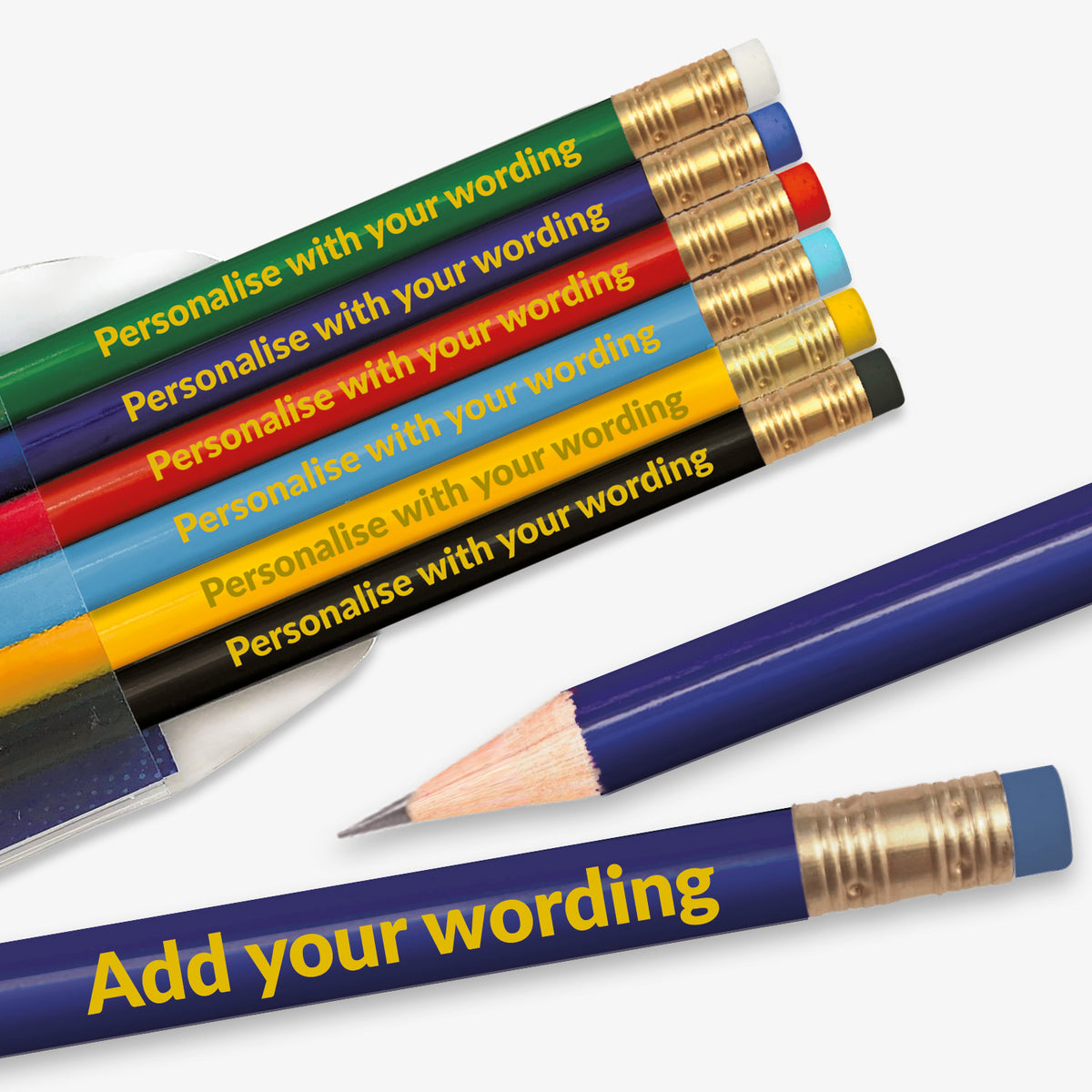 Personalised set of 6 HB pencils, each barrel a different colour. With space to customise text on the barrel, complete with eraser. Designed for classroom rewards or promotional use.