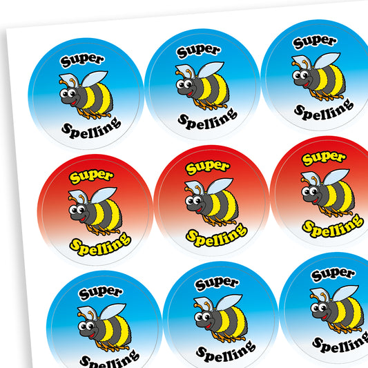 Sheet of circular stickers with wither a red or a blue background.  Central to each sticker is a smiling bumble bee with the word 'Super' above and 'Spelling' below.