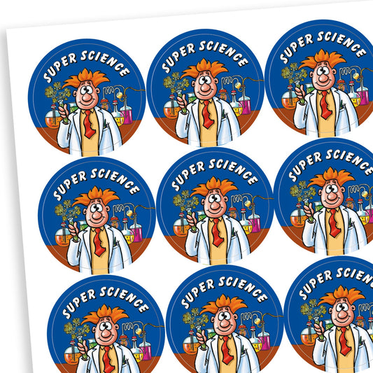 A sheet of circular reward stickers with the phrase 'SUPER SCIENCE' in bold white text at the top. Each sticker features a cartoon scientist with orange hair, wearing a white lab coat and red tie, standing in front of colourful science equipment and plants. The background is dark blue, creating a fun and engaging science-themed design.