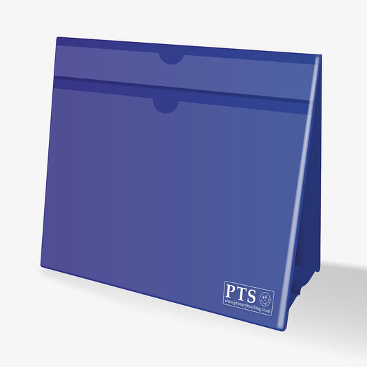 A4 landscape worksheet holder, coated in blue plastic. Stands as an A-Frame with space for a banner heading at the top and insert space for worksheet below