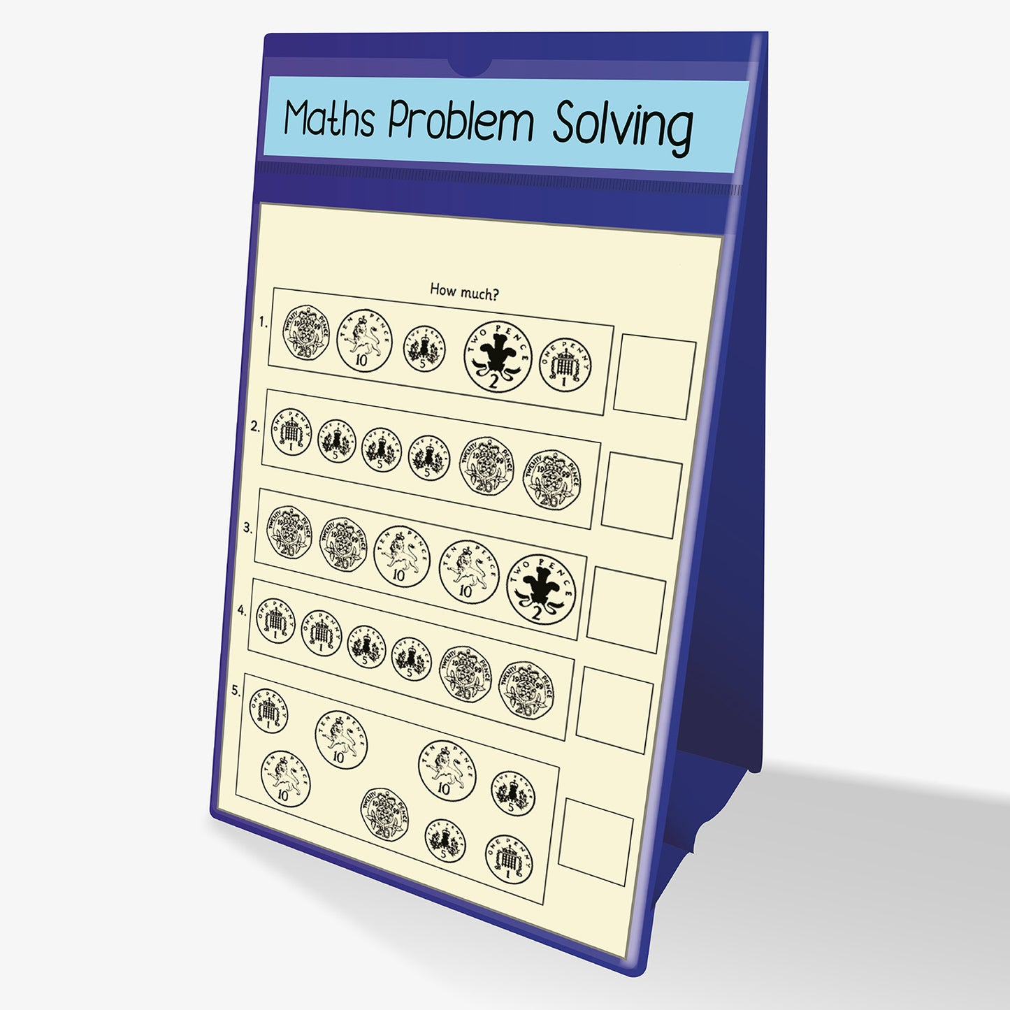 A4 portrait worksheet holder, coated in blue plastic. Stands as an A-Frame with space for a banner heading 'Maths Problem Solving' at the top and below an A4 worksheet is inserted