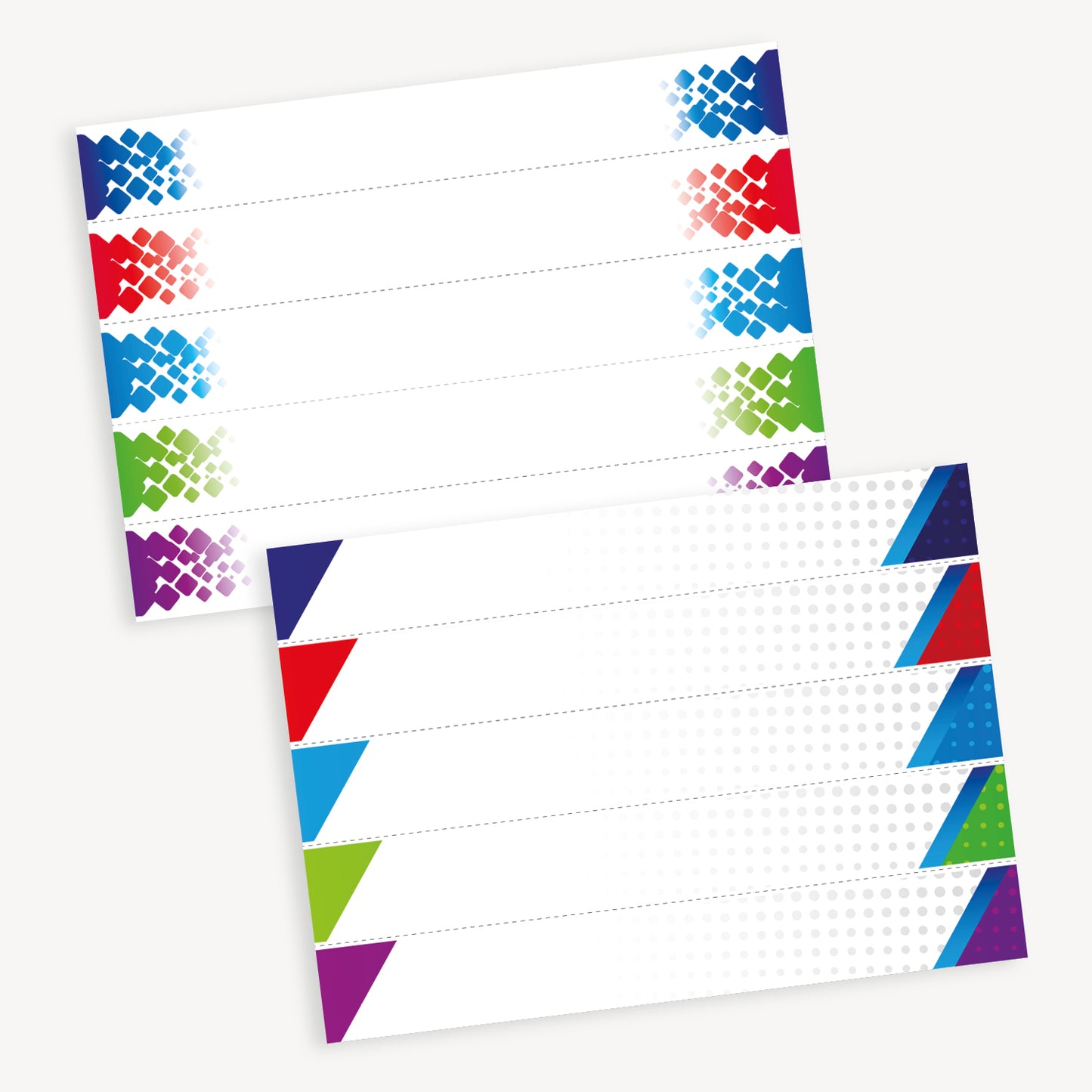 Blank banner headers with geometric shapes at either end in blue, red, green, purple and cyan with a white background.