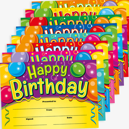 A colourful set of 'Happy Birthday' certificates featuring bold, cheerful text surrounded by balloons, streamers, and confetti. The certificates come in a variety of bright colours including purple, blue, green, red, and orange. Each one includes blank fields labelled 'Presented to', 'From', 'Signed', and 'Date'