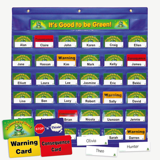 It's Good to be Green!' classroom behaviour chart with six rows of student name slots, each showing coloured cards: green for good behaviour, yellow for warning, and red for consequence. Names include Claire, Kim, and Darren, among others. Additional warning and consequence cards and name tags are displayed at the bottom.