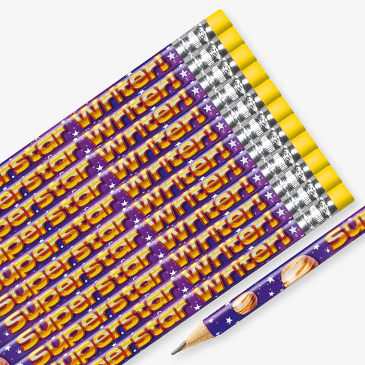 Set of 12 pre-sharpened pencils with erasers, each featuring a purple space themed background with stars and planets, with the wording  'Superstar Writer!' in yellow text
