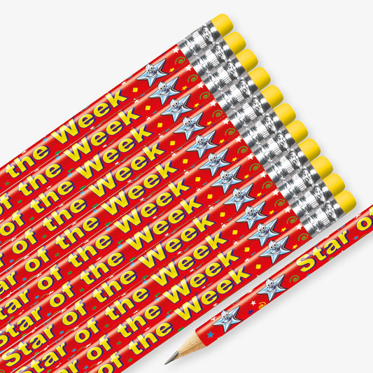 Set of 12 pre-sharpened pencils with erasers, each featuring a red background with silver, smiling stars with the wording  'Star of the Week' in yellow text