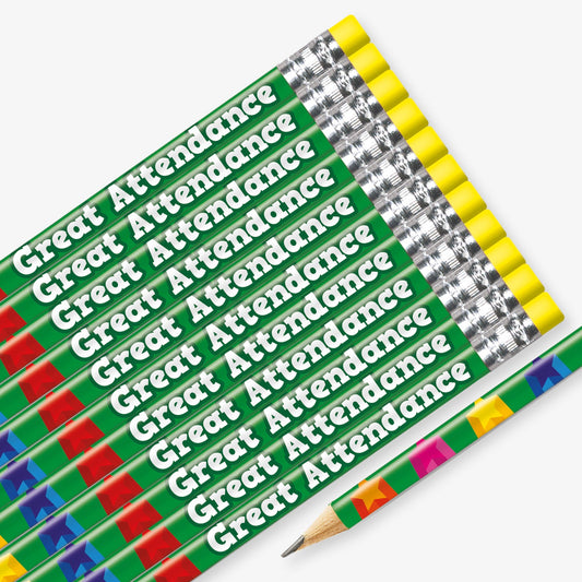 Set of 12 pre-sharpened pencils with erasers, each featuring a vibrant green barrel and bold white text reading 'Great Attendance' along the side.