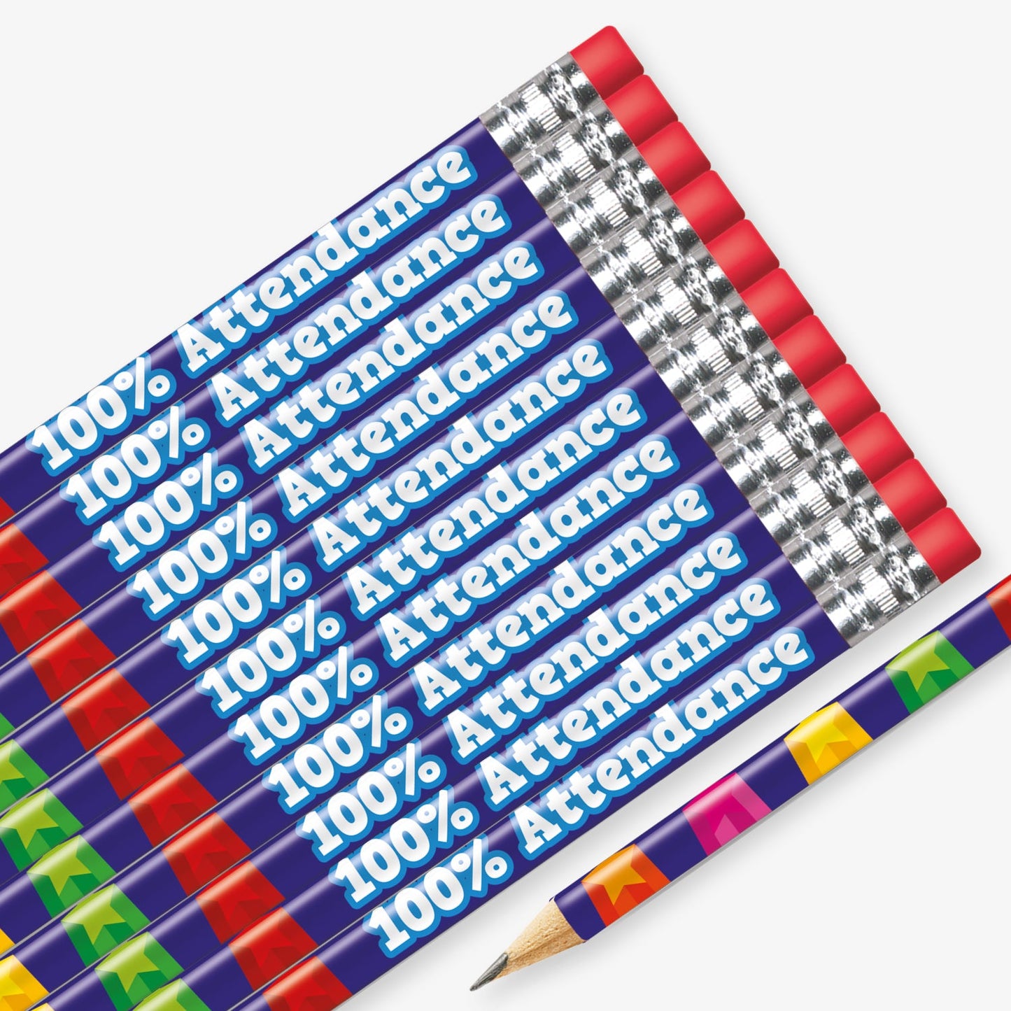 Set of 12 pre-sharpened pencils with erasers, each featuring a vibrant blue background with multicoloured stars and bold white text reading '100% Attendance' along the side.