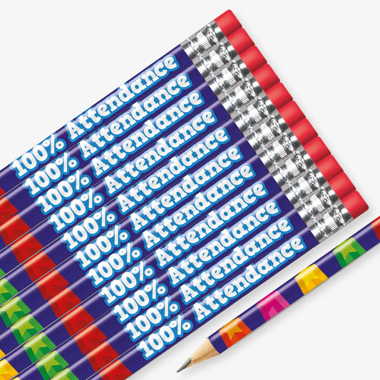 Set of 12 pre-sharpened pencils with erasers, each featuring a vibrant blue background with multicoloured stars and bold white text reading '100% Attendance' along the side.