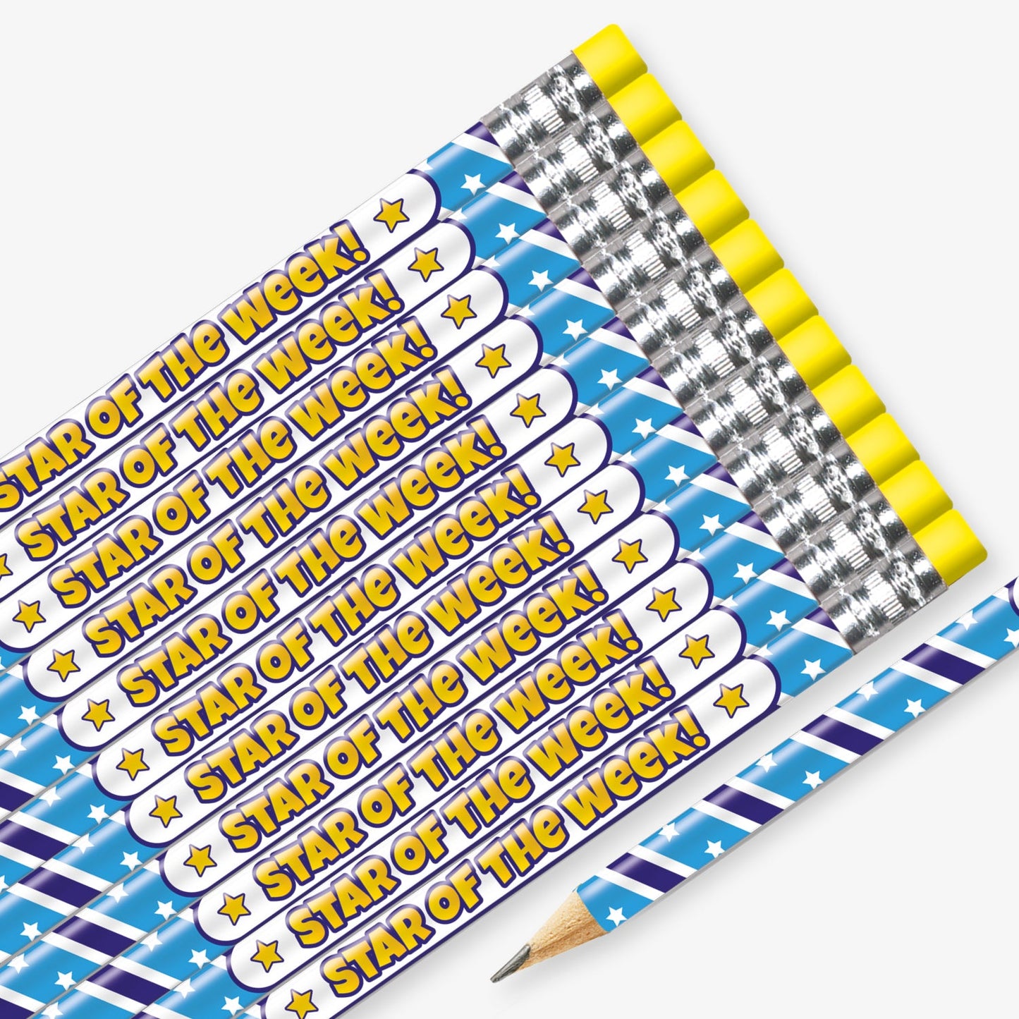 Set of 12 pre-sharpened pencils with erasers, each featuring a pale and dark blue spiral background with white stars and a central white section containing the wording 'Star of the Week' in yellow text.