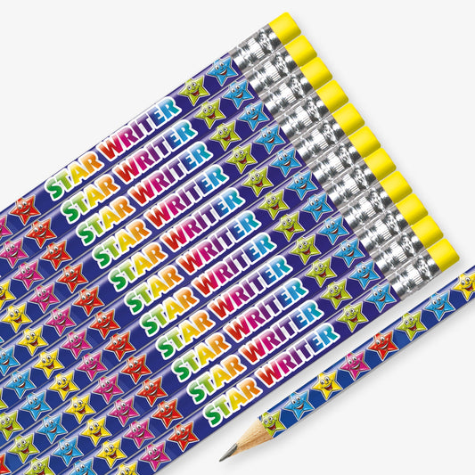 Set of 12 pre-sharpened pencils with erasers, each featuring a blue background with multicoloured stars with the wording  'STAR WRITER' in multicolured text