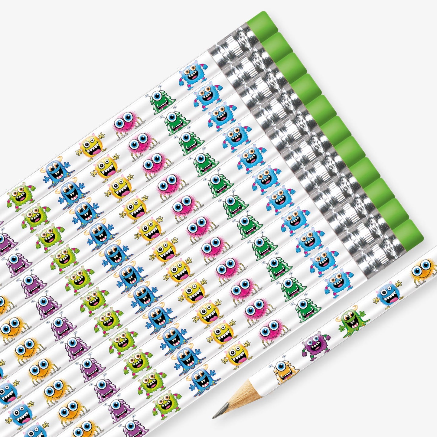 Set of 12 pre-sharpened pencils with erasers, each featuring a white background with various cartoon monsters in different colours along the side.