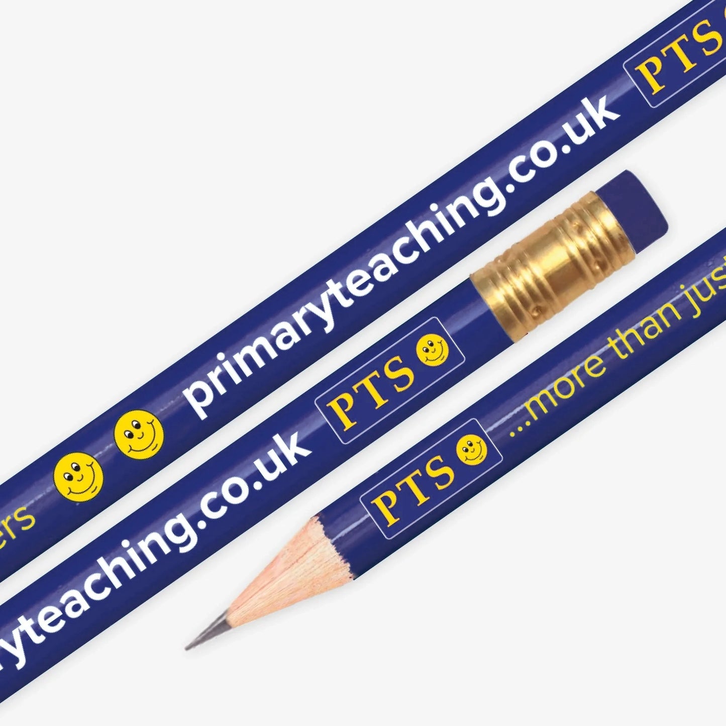 Dark blue pencil with eraser. Branded with 'primaryteaching.co.uk' '…more than just stickers' and the PTS smiling yellow emoji face