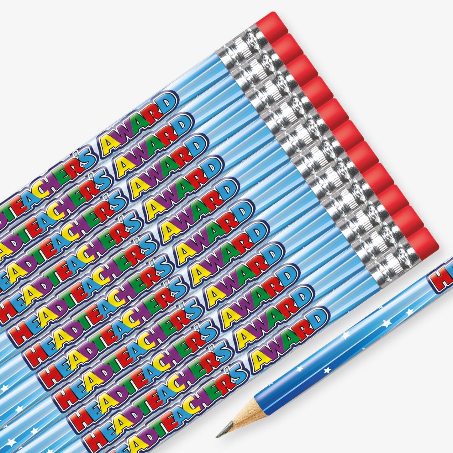 Set of 12 pre-sharpened pencils with erasers, each featuring a pale blue background with stars and multi coloured block text reading 'Headteacher's Award' along the side.