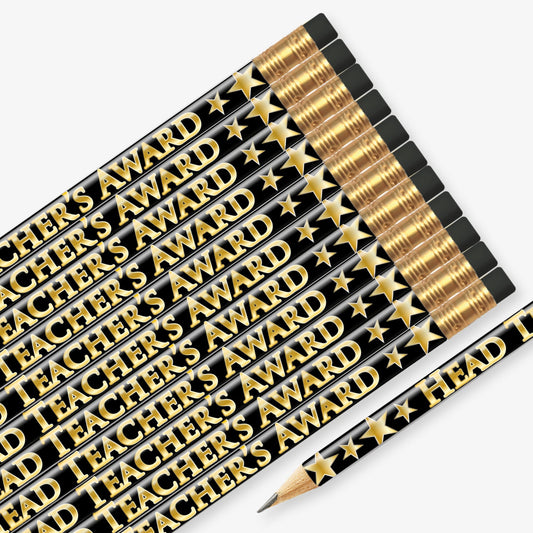 Set of 12 pre-sharpened pencils with erasers, each featuring a black background with gold stars and gold text reading 'Head Teacher's Award' along the side