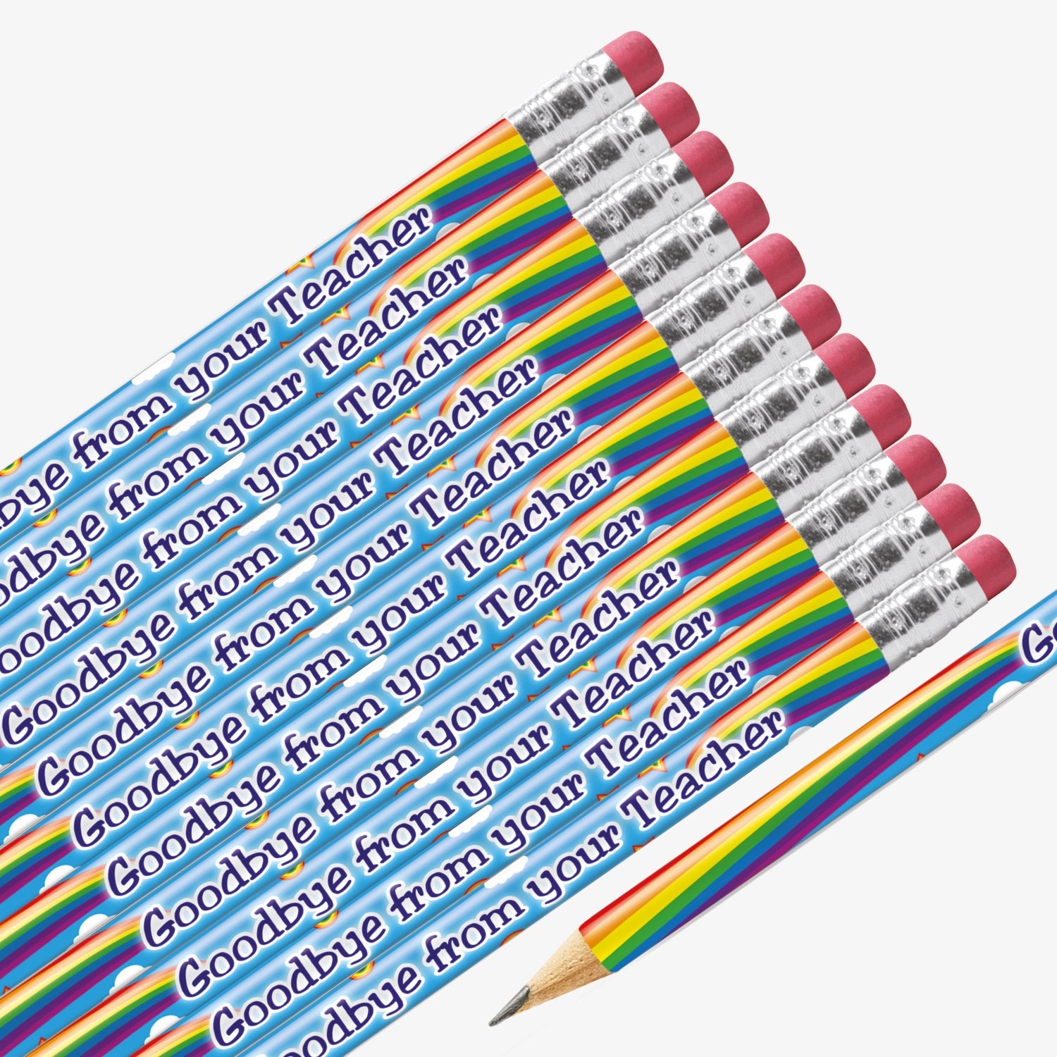 Set of 12 pre-sharpened pencils with erasers, each featuring a vibrant blue sky background with rainbows along to barrel and dark blue text reading 'Goodbye from your Teacher' along the side.