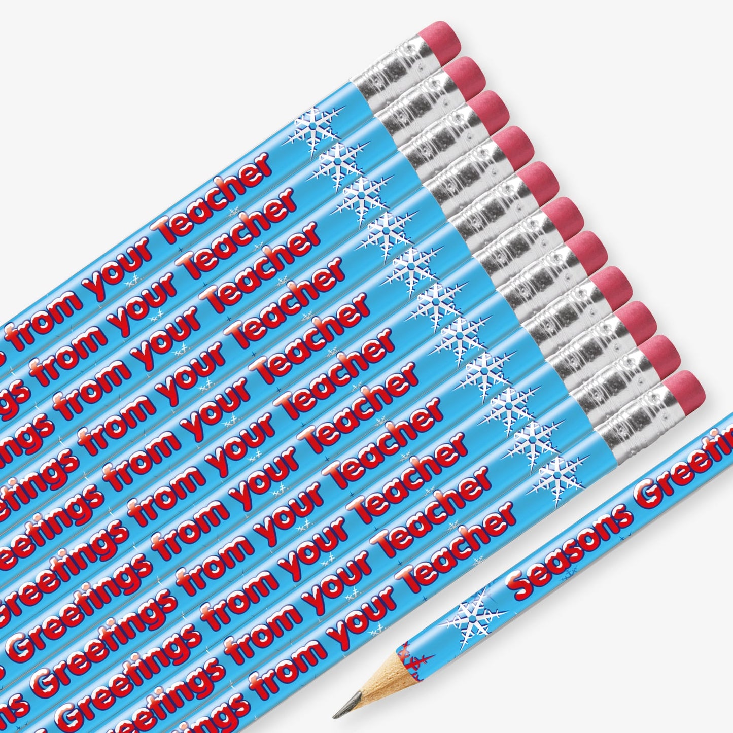Set of 12 pre-sharpened pencils with erasers, each featuring an ice blue background with snowflakes and red text reading 'Seasons Greetings from your Teacher' along the side.
