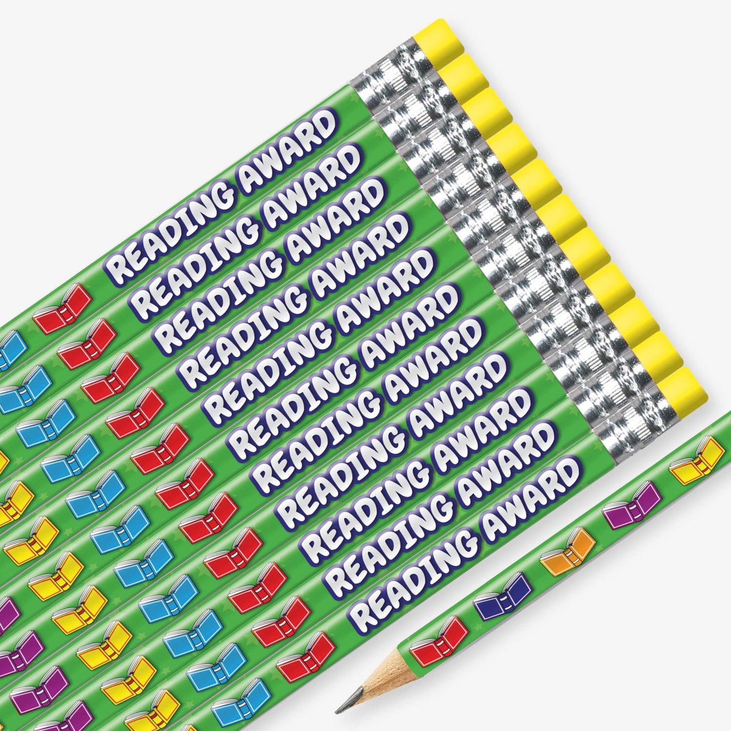 Set of 12 pre-sharpened pencils with erasers, each featuring a green background with 5 books of differing colours and text saying 'READING AWARD' along the side.