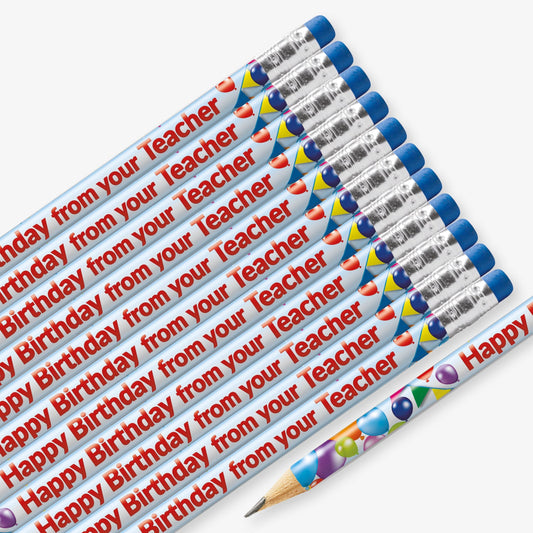 Set of 12 pre-sharpened pencils with erasers, each featuring a pale blue barrel with celebratory balloons and bunting and the phrase 'Happy Birthday from your Teacher' printed along the side in blod red text..