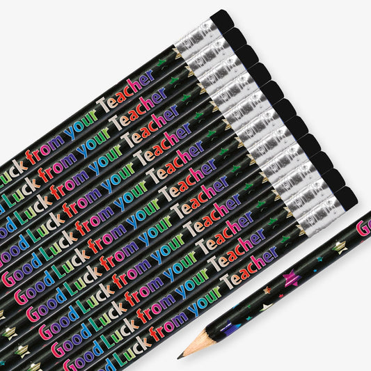 Set of 12 pre-sharpened pencils with erasers, each featuring a black background with multicoloured metallic stars and text reading 'Good Luck from your Teacher' along the side.