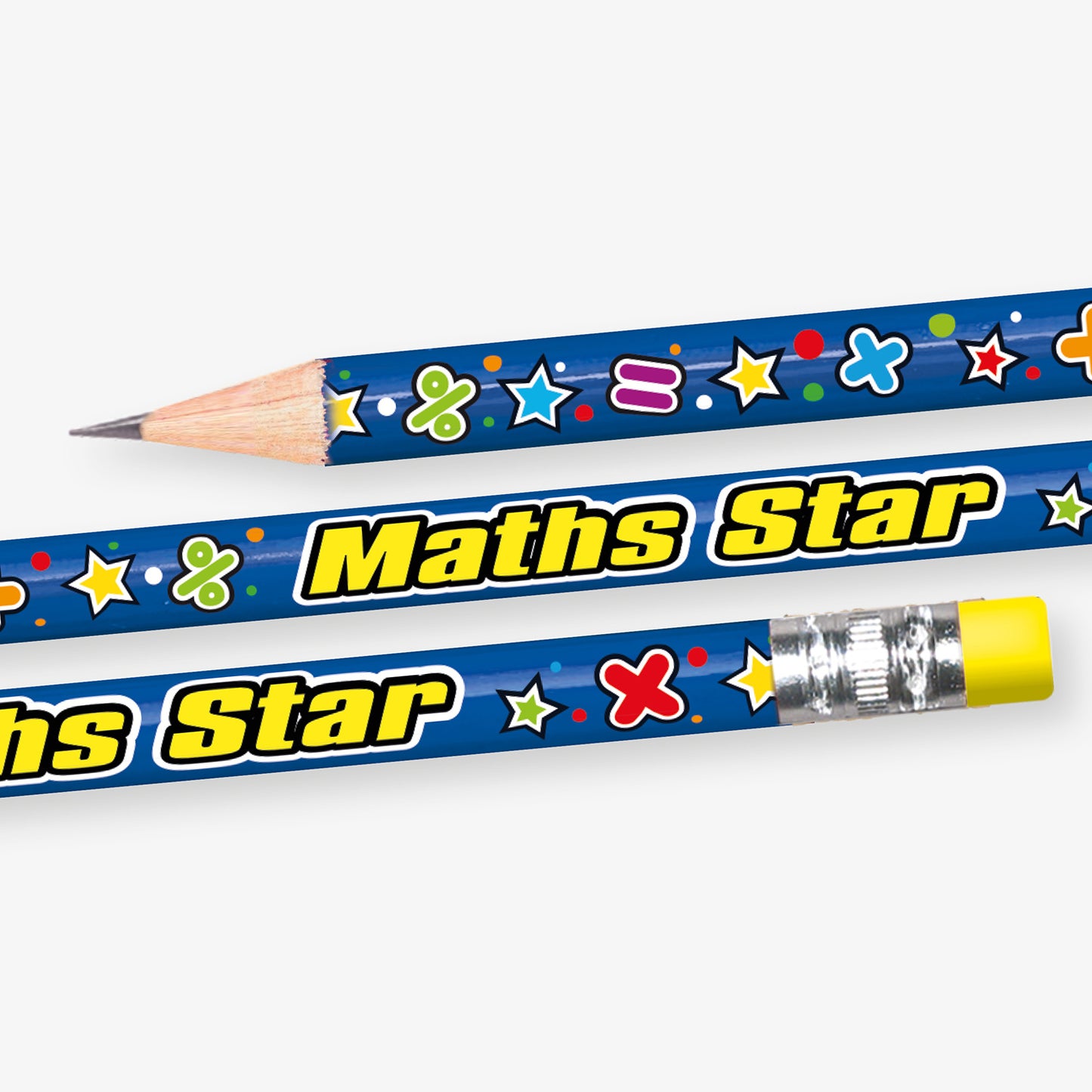 A close up of a pre-sharpened pencil with eraser, featuring a vibrant blue background with maths symbols and stars with the wording 'Maths Star' in yellow text.