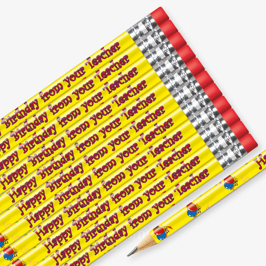 Set of 12 pre-sharpened pencils with erasers,  each featuring a vibrant yellow background with presents and streamers and bold red text reading 'Happy Birthday from your Teacher' along the side.