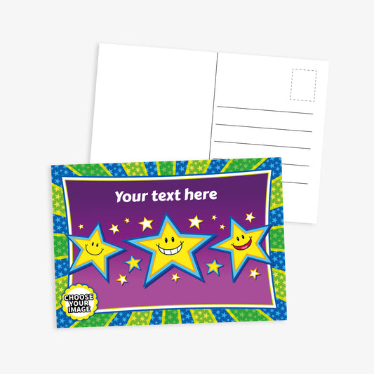 A colourful postcard with a vibrant design on the front and a standard blank back for writing. The front features a purple background with smiling cartoon stars, surrounded by smaller stars and a green-and-blue patterned border. Placeholder text reads 'Your text here' at the top, and a circular badge in the bottom corner says 'CHOOSE YOUR IMAGE'.