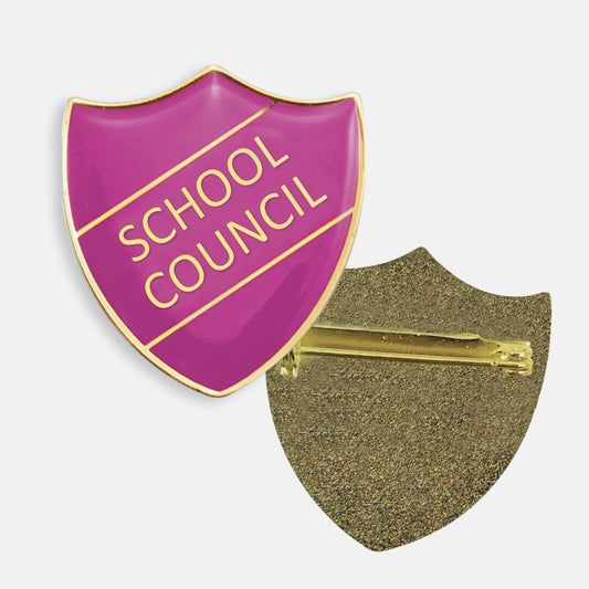Yellow enamel badge in the shape of a shield with gold trim and diagonal gold line either side of the words 'SCHOOL COUNCIL' in capital letters. The reverse side shows a textured gold back with a butterfly fastening
