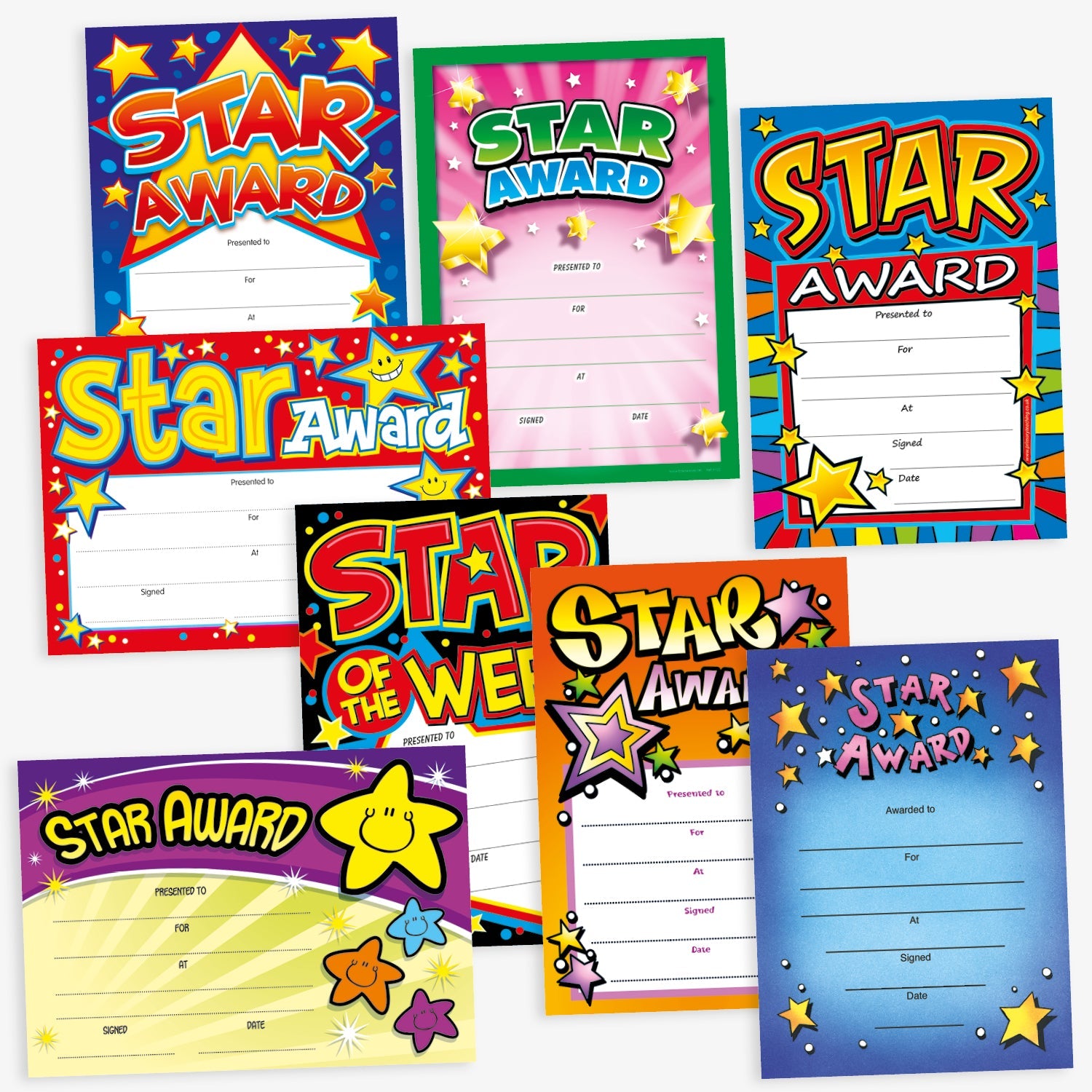 Assortment of A5 Star Award certificates in various vibrant designs, each featuring the bold title 'Star Award'. The certificates display colourful backgrounds with star motifs and include spaces for 'Presented to', 'For', 'At', 'Signed', and 'Date' entries, designed to celebrate and acknowledge pupil achievements.