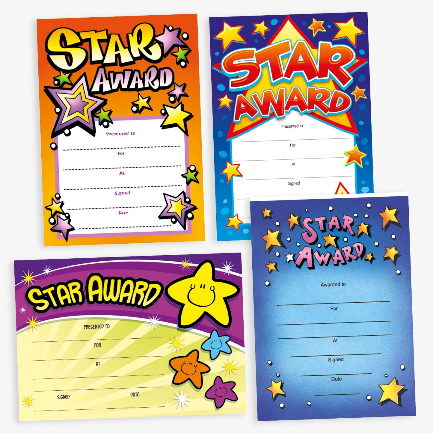 Assortment of A5 Star Award certificates in various vibrant designs, each featuring the bold title 'Star Award'. The certificates display colourful backgrounds with star motifs and include spaces for 'Presented to', 'For', 'At', 'Signed', and 'Date' entries, designed to celebrate and acknowledge pupil achievements.