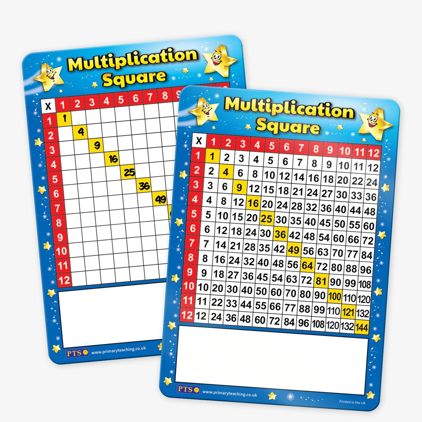 Two educational 'Multiplication Square' whiteboards with blue star-themed borders. The whiteboard on the left features a partially completed multiplication grid with diagonal yellow-highlighted cells displaying square numbers (e.g., 1, 4, 9, 16). The one on the right is a fully completed multiplication table up to 12 × 12, with some cells highlighted for emphasis. Both include a blank white area at the bottom for additional notes or practice.