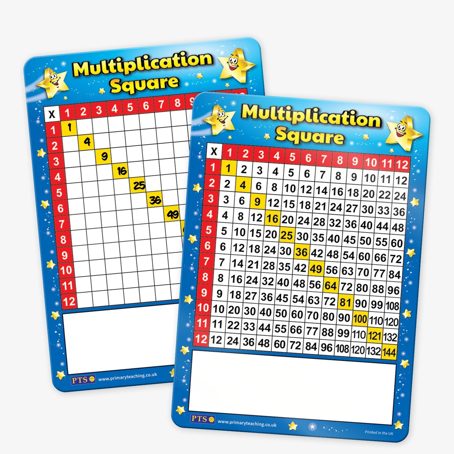 Two educational 'Multiplication Square' whiteboards with blue star-themed borders. The whiteboard on the left features a partially completed multiplication grid with diagonal yellow-highlighted cells displaying square numbers (e.g., 1, 4, 9, 16). The one on the right is a fully completed multiplication table up to 12 × 12, with some cells highlighted for emphasis. Both include a blank white area at the bottom for additional notes or practice.