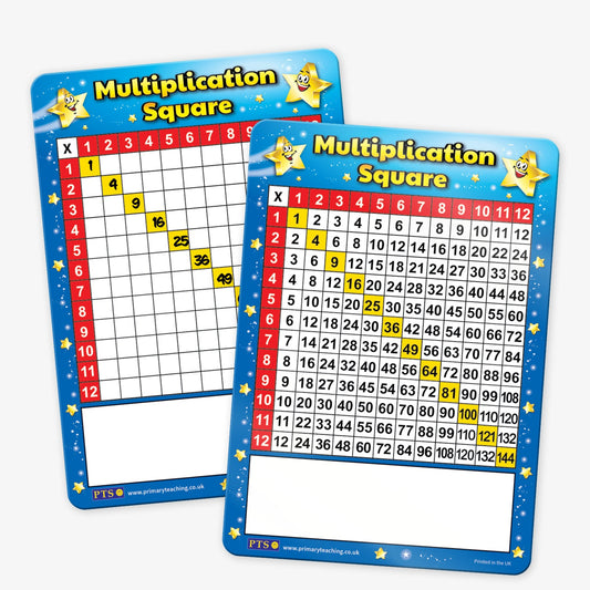 Two educational 'Multiplication Square' whiteboards with blue star-themed borders. The whiteboard on the left features a partially completed multiplication grid with diagonal yellow-highlighted cells displaying square numbers (e.g., 1, 4, 9, 16). The one on the right is a fully completed multiplication table up to 12 × 12, with some cells highlighted for emphasis. Both include a blank white area at the bottom for additional notes or practice.