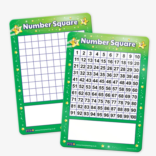 Two 'Number Square' educational charts with green star-themed borders. One displays a blank 10x10 grid for students to fill in, and the other shows a completed grid with numbers from 1 to 100 in rows of ten. Both charts have a blank white space at the bottom for additional writing or activities.