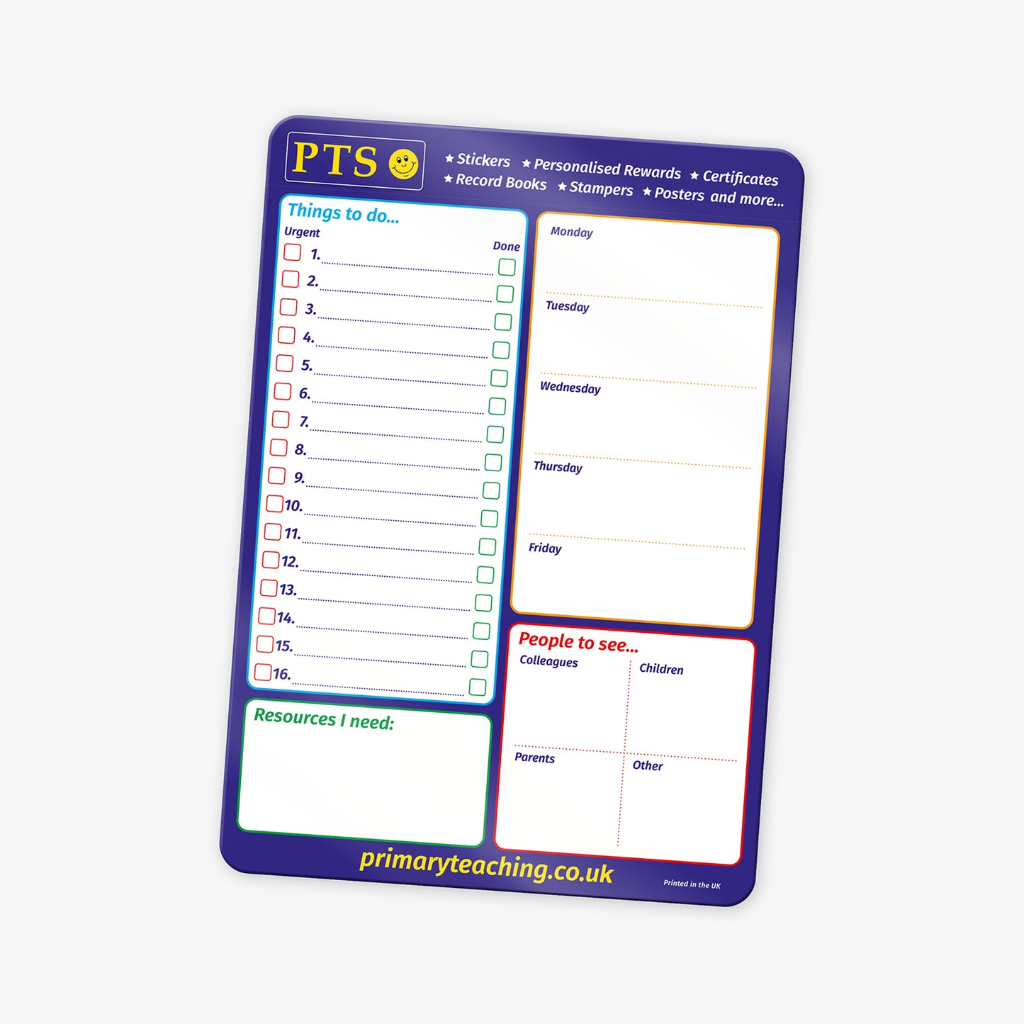 Teacher planning board with sections for organising tasks and appointments. Includes a checklist titled 'Things to do', a space for 'Resources I need', a weekly planner from Monday to Friday, and a section labelled 'People to see' divided into 'Colleagues' and 'Children'.