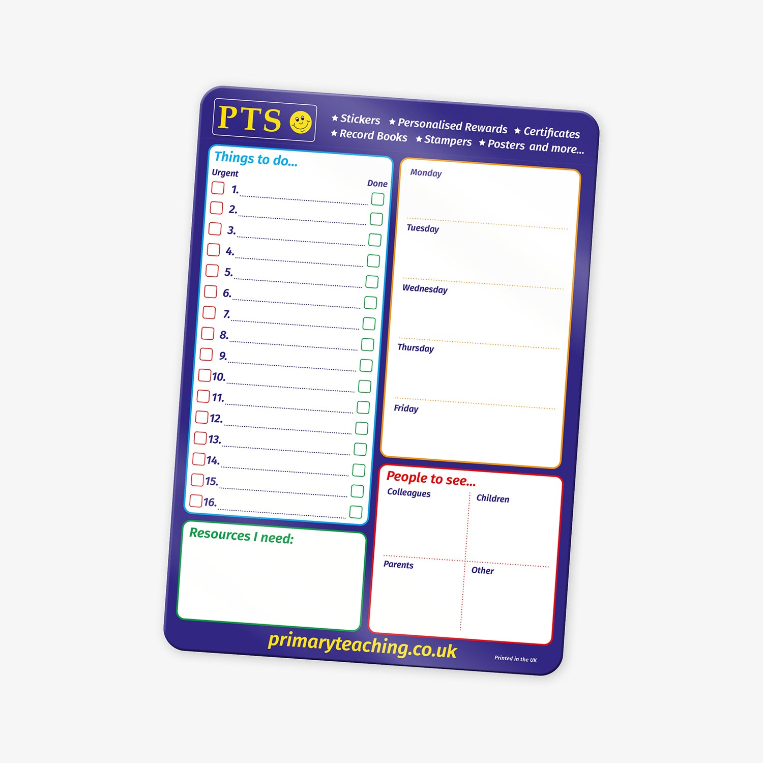 Teacher planning board with sections for organising tasks and appointments. Includes a checklist titled 'Things to do', a space for 'Resources I need', a weekly planner from Monday to Friday, and a section labelled 'People to see' divided into 'Colleagues' and 'Children'.