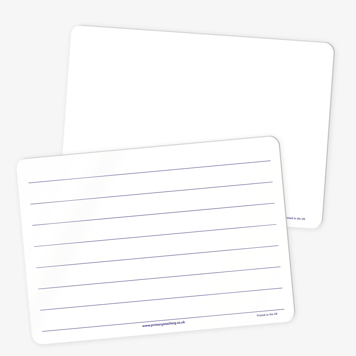 Two white drywipe boards with rounded corners. One board is plain and unlined, while the other features widely spaced horizontal handwriting lines in purple. These boards are designed for reusable writing practice.