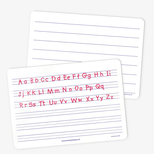 Two white dry-wipe handwriting boards. The front board displays the full English alphabet in upper and lower case letters, written in red on lined handwriting guides. The back board shows blank handwriting lines only, intended for writing practice.