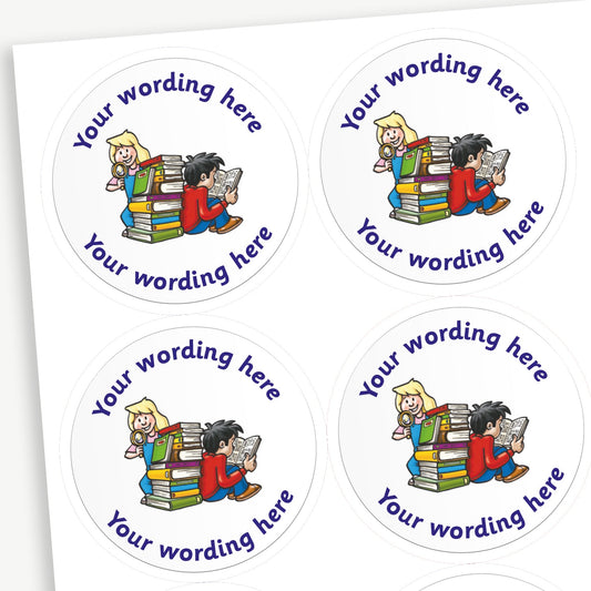 A sheet of white stickers featuring two children reading against a pile of books in the centre.  Placeholder text 'Your wording here' is above and below the image for customisation.
