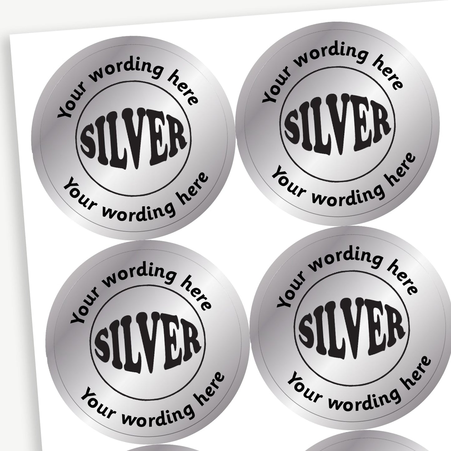 Sheet of 35 personalised 37mm circular stickers with a metallic silver finish; each sticker features a bold 'SILVER' in the centre, surrounded by the customisable text 'Your wording here' above and below, designed to reward pupils for achieving second place.