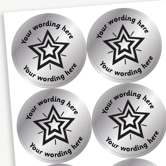 Sheet of 37mm round, metallic silver stickers, each featuring a bold black five-pointed star at the centre. Surrounding the star is placeholder text reading 'Your wording here' above and below, indicating customisable areas for personalised messages