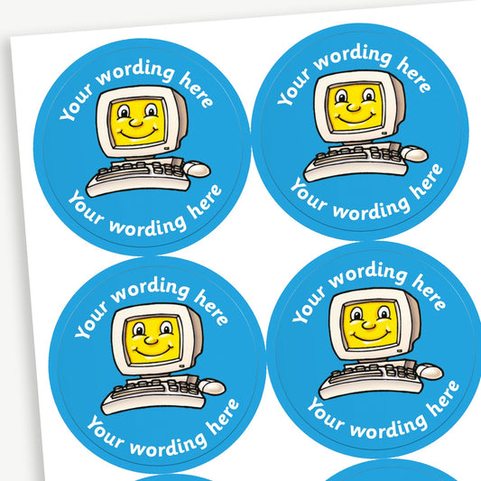Sheet of round blue stickers featuring a smiling cartoon computer in the centre. Each sticker has placeholder text reading 'Your wording here' curved above and below the illustration.
