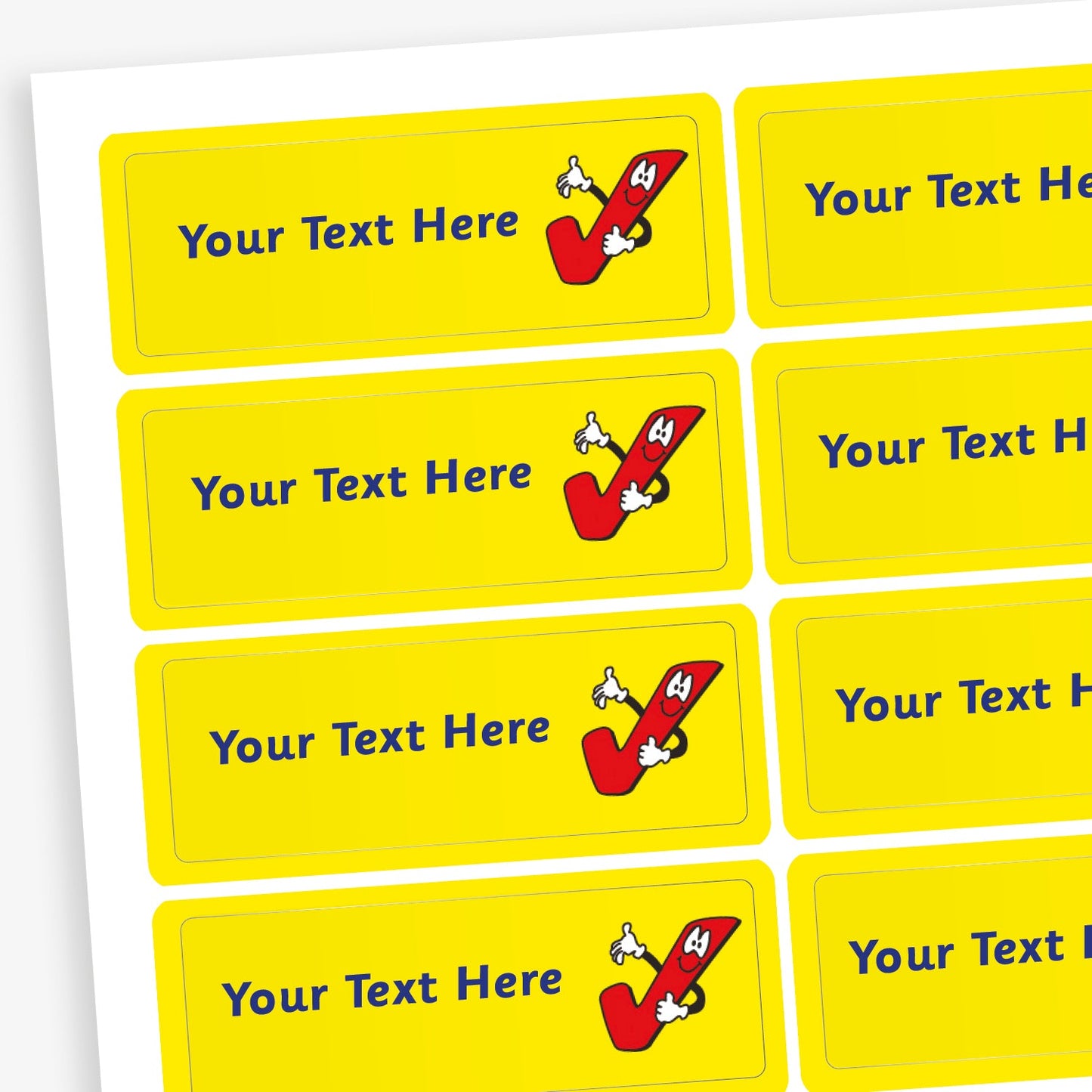 Sheet of rectangular yellow stickers with blue placeholder text reading 'Your Text Here'. Each sticker features a small illustration of a smiling red tick icon.