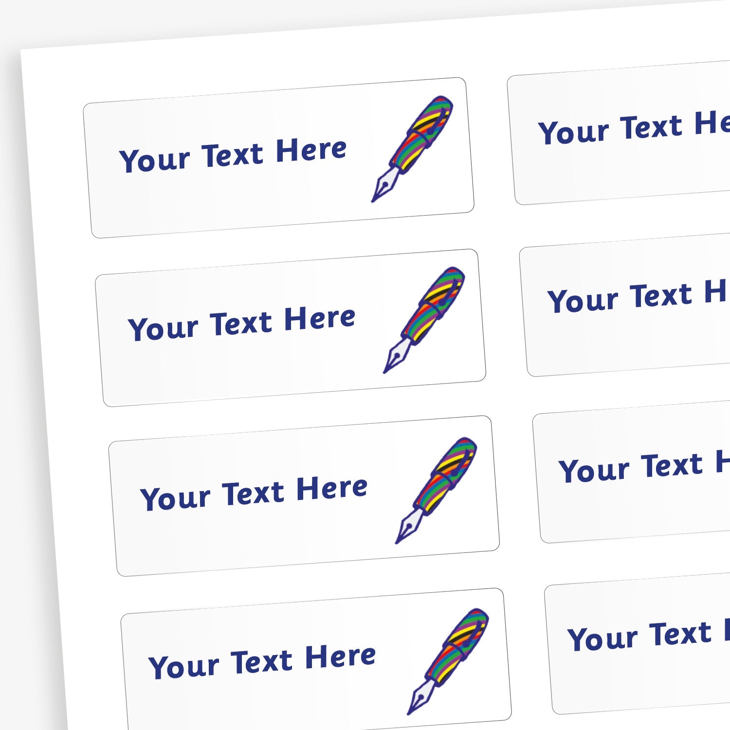 Sheet of rectangular white stickers with blue placeholder text reading 'Your Text Here'. Each sticker features a small illustration of rainbow coloured fountain pen.